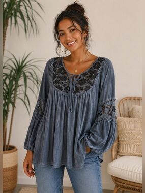 POL Boho Lace Yoke Tunic Top Flowy Buttery Soft Stretch Cottagecore Blouse